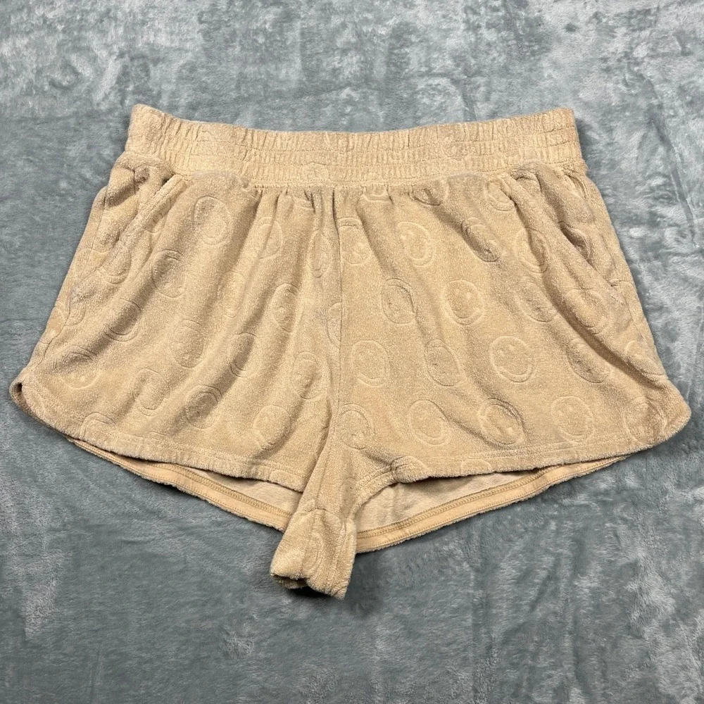 OFFLINE by Aerie Smile Face Shorts Women Tan Terry Cloth Embossed Lounge L